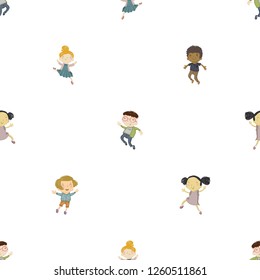 Cartoon seamless pattern with happy multicultural kids. African, caucasian, asian boys and girls together. Cute modern flat vector illustration on white background.