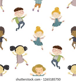 Cartoon seamless pattern with happy multicultural kids. African, caucasian, asian boys and girls together. Cute modern flat vector illustration on white background.