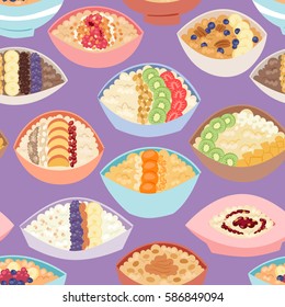 Cartoon seamless pattern healthy oatmeal porridge in bowls with different organic fillings and traditional diet oat morning cereal meal vector illustration.