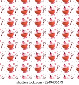 Cartoon seamless pattern with heart-shaped key and love spell. Romantic digital paper for Valentine's day, wedding invitations, greeting cards, scrapbooking, print, gift wrap. 