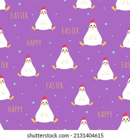 cartoon seamless pattern with hens, vector illustration of cute chicken, easter background, flat style