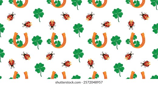 Cartoon seamless pattern with horseshoe, four leaf clover and ladybug. St. Patrick's background with symbols of fortune and good luck. Print on fabric and paper. Flat color illustration on white.