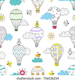 Cartoon seamless pattern with hot air balloons and birds in the sky on white background. Vector