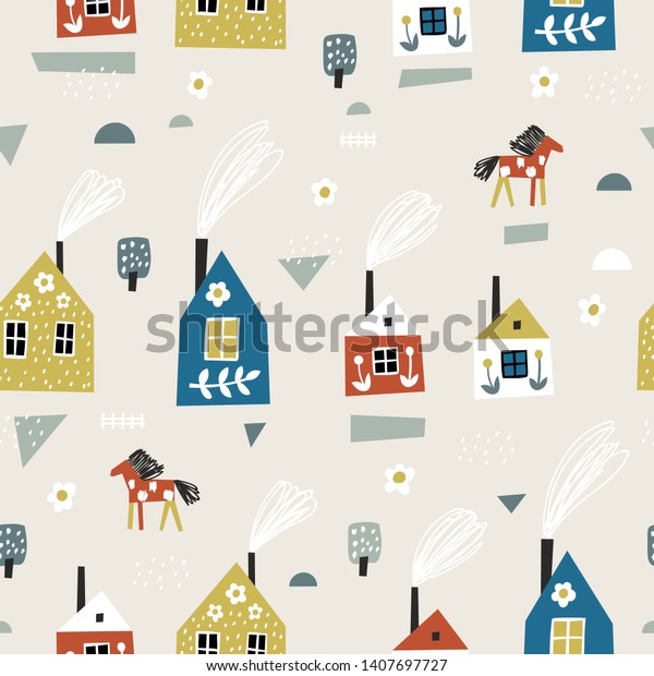 Cartoon seamless pattern with house, trees,\
horses and floral. Cute landscape concept. Perfect for kids fabric,\
textile, nursery wallpaper.\
