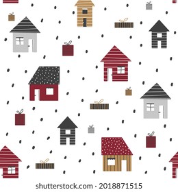 Cartoon seamless pattern with houses and trees, Christmas mood. Creative background for packaging, fabric, textile, wallpaper, clothing. Vector illustration