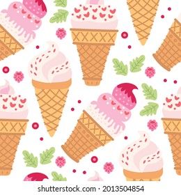 Cartoon seamless pattern with ice cream in waffle cones. Summer vector background. 
