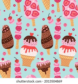 Dibujo sin fisuras con helado en conos de gofre. Fondo vectorial de verano. 