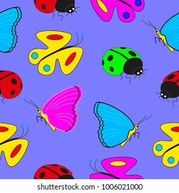 Cartoon seamless pattern with insects butterflies and ladybugs.