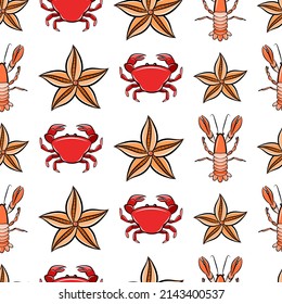 Cartoon seamless pattern isolated on white background with crab, langouste seashell crustacean and starfish. Textile print or nursery wallpaper vector template. Sea fish, nautical animal wildlife