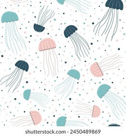 Cartoon seamless pattern with jellyfish and bubbles. Vector marine background. Isolated on white background