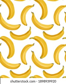 Cartoon seamless pattern with juicy bananas on a white background. Tropical fruits. Vector pattern for fabrics, wallpapers and your creativity.
