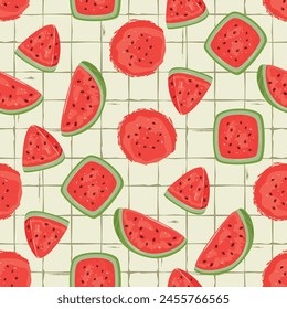 Cartoon seamless pattern with juicy watermelon on  checkered background.Summer sweet fruit of various shapes.Colorful print on fabric and paper.Vector design for cover,wallpaper,textile,packaging.