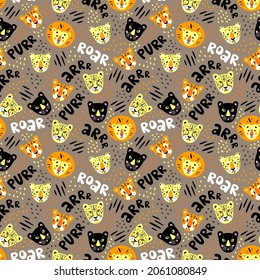 Cartoon seamless pattern for kids. Roaring. Wild animal heads: lion, cheetah, leopard, panther, tiger. 