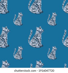 Cartoon nahtloses Muster im Kinderstil mit einfachen Tigersilhouetten. Blauer heller Hintergrund. Flacher Vektordruck für Textilien, Gewebe, Geschenkpapier, Wallpaper. Endlose Illustration.