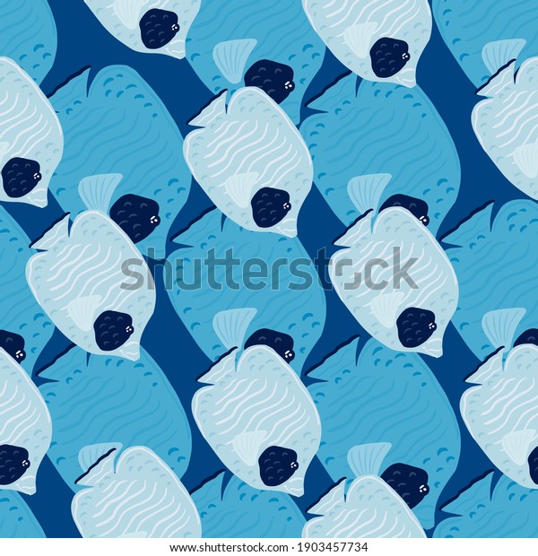 Cartoon seamless pattern in kids style with doodle butterfly fish print. Blue bright aquatic artwork. Decorative backdrop for fabric design, textile print, wrapping, cover. Vector illustration.