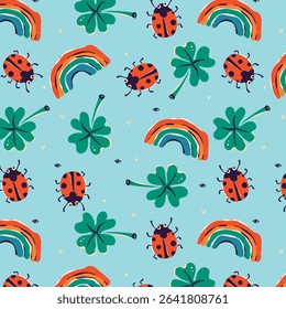 Cartoon seamless pattern with ladybug, clover and rainbow. Print on fabric and paper. Vector design for use in banner, nursery decor, cover.