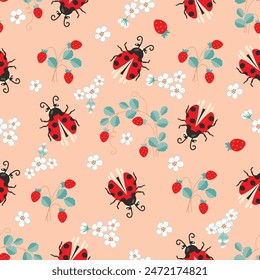 Cartoon seamless pattern with ladybug and strawberry fruits,leaves,flowers.Floral background with cute spotted ladybird.Print on fabric and paper.Vector design for use in banner,nursery decor,cover.