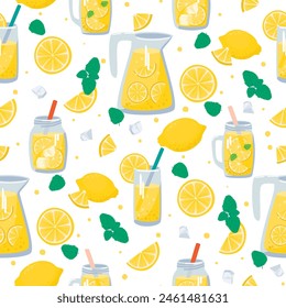 Patrón sin fisuras de la historieta con la limonada. Bebida refrescante del verano en un vaso, jarra y tarro, limones enteros y rebanados, hojas de menta. Diseño colorido del Vector para el uso en fondos, Fondo de pantalla, tela, embalaje.