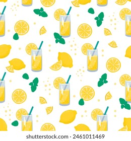 Cartoon seamless pattern with lemon,lemonade in glass and mint  on white background.Refreshing summer drink with whole and sliced citrus fruits.Vector design for use in fabric,packaging,wallpaper.