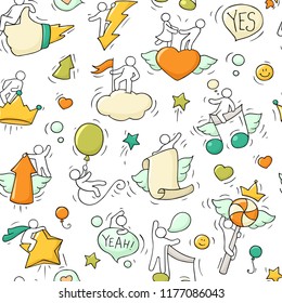 Cartoon seamless pattern with lifestyle symbols. Comic hand drawn temlate with little people.