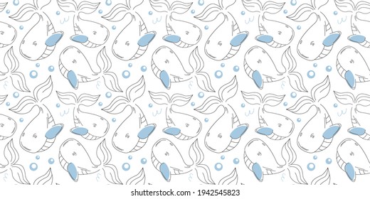 Cartoon seamless pattern for little boy's bedroom with blue whales. Design for wallpaper, bedding, baby clothes, book covers, coloring books, encyclopedias about the sea world. Big cute blue whale.