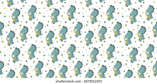 Cartoon seamless pattern of little cute smiling dinosaurs tyrannosaurus holding flowers and sniffing them and multicolored circles on a white background. Repeating baby dragons. Vector.