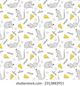 cartoon seamless pattern with little mouse and cheese pieces