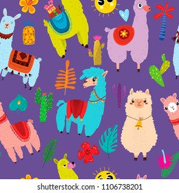 Cartoon seamless pattern with llama, alpaca, cactus and leaves. Background can be used for wallpapers, pattern fills, surface textures.