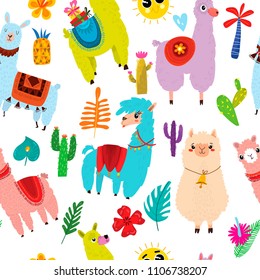 Cartoon seamless pattern with llama, alpaca, cactus and leaves. Background can be used for wallpapers, pattern fills, surface textures.