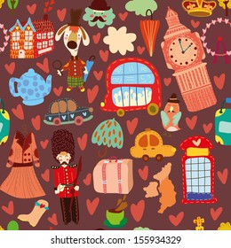 Cartoon seamless pattern with London elements. Seamless pattern can be used for wallpaper, pattern fills, web page background,surface textures.
