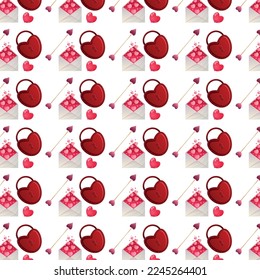 Cartoon seamless pattern with love mail, arrow, and heart-shaped lock. Romantic digital paper for Valentine's day, wedding invitations, greeting cards, scrapbooking, print, gift wrap. 