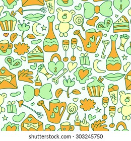 Cartoon seamless pattern with love. Romantic set in vector.