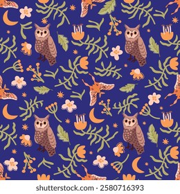 Cartoon seamless pattern with magical  night animals. Boho style background with moth, owl, moon, stars, flowers. Print on fabric and paper. Vector design for textile, wallpaper, cover, package.