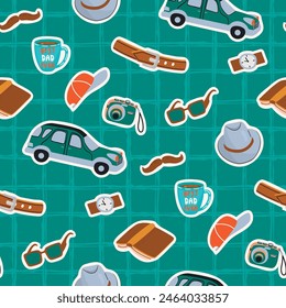 Cartoon seamless pattern with male objects and symbols.Set of stickers on a checkered background.Hand drawn car, glasses, mustache, belt, cup, cap, hat, watch, camera.Vector design for Fathers Day.