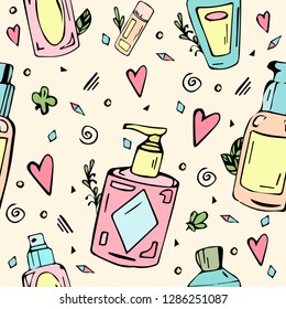 Cartoon seamless pattern. Manual drawing of packages with cream, lotion, shampoo or scrub