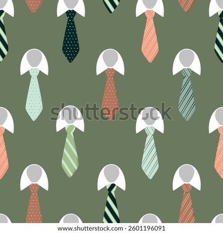 Cartoon seamless pattern with men's ties and shirt collar. Father's Day vector background with male accessories. Blue, green and red colors. Clothing elements with diagonal stripes and speckles.
