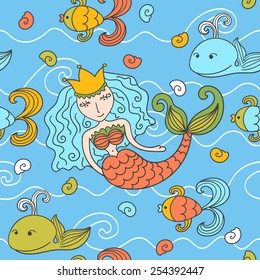 Cartoon seamless pattern with mermaid and marine inhabitants