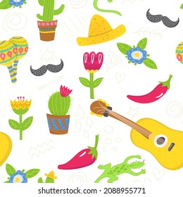 Cartoon seamless pattern in mexican style. Succulens, sombreros, flowers, guitar and moustache upon white background. Bright pattern for fabrics, bags, prints, wall art, party decoration