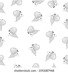 Cartoon. Seamless pattern of monochrome bees. Set of contour flying bees drawn by hand in Scandinavian style. For packaging design, children’s wallpaper on the wall, textile. Vector