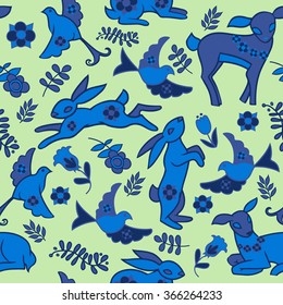 Cartoon seamless pattern with monochrome illustrations. Hares, deers, birds and floral elements.