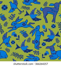 Cartoon seamless pattern with monochrome illustrations. Hares, deers, birds and floral elements.