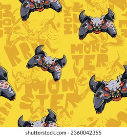 Cartoon seamless pattern with monster gamepad. Evil monster cartoon Character of gamepads on yellow background with text.