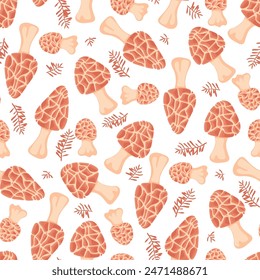 Patrón sin fisuras de la historieta con hongos de colmenillas y la rama de la planta. Fondo floral con boletus. Hongo del bosque con la tapa texturizada. Diseño del Vector para imprimir en la tela y el papel, Fondo de pantalla sin fin, cubierta.