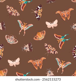 Cartoon seamless pattern with moth of various kinds.Colorful night butterflies on brown background.Spotted insects set.Vector design for printing on fabric and paper.Endless wallpaper,textile,cover.