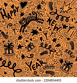 Cartoon seamless pattern with new year symbols in funny doodle style on orange background. Garlands, cakes, gifts, glasses, confetti and lettering phrase as attributes of happy new year.