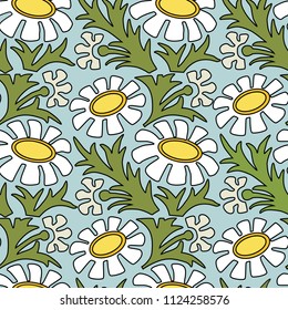 Cartoon seamless pattern of nice daisy on a blue background