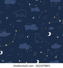 Cartoon seamless pattern with night sky, polar bear and constellations, clouds, crescent moon and stars, ursa major.