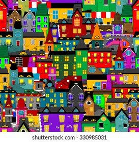 Cartoon seamless pattern with old town. Vector