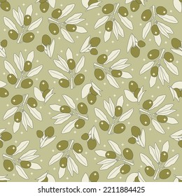 Cartoon seamless pattern of olive branches on colored background. Vector flat illustration. Outline pattern with olives and leaves. Design for textile, wallpaper, wrapping, backdrop