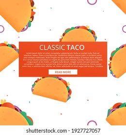 Cartoon seamless pattern on white background. Design illustration. .Tacos vector texture. Traditional mexican fast-food.